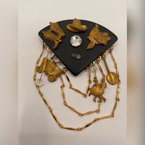 Vintage Brooch Western Black Bronze Boots Hat Stagecoach Square Dance Banjo 2.5” - Picture 2 of 4